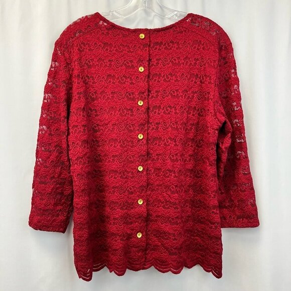 DB Established 1962 Womens Blouse Red Floral Lace Long Sleeve Lettuce Edge L - Picture 5 of 11